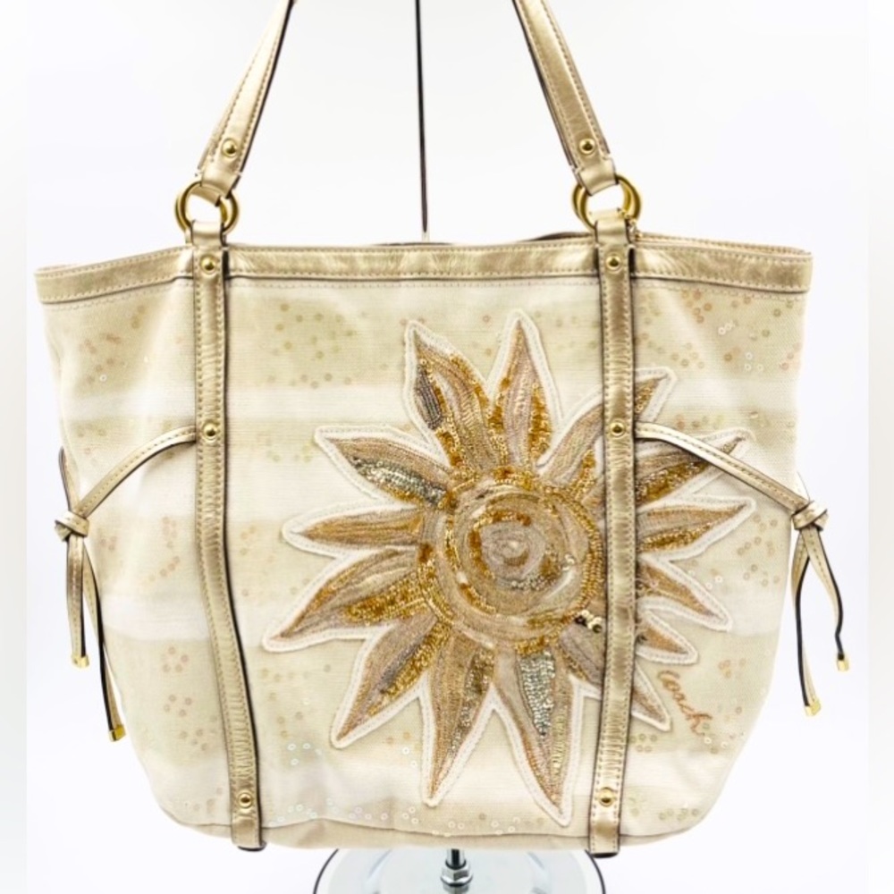 COACH *RARE* Sunshine Large Bag Tote Canvas with Metallic Gold Leather Trim EUC